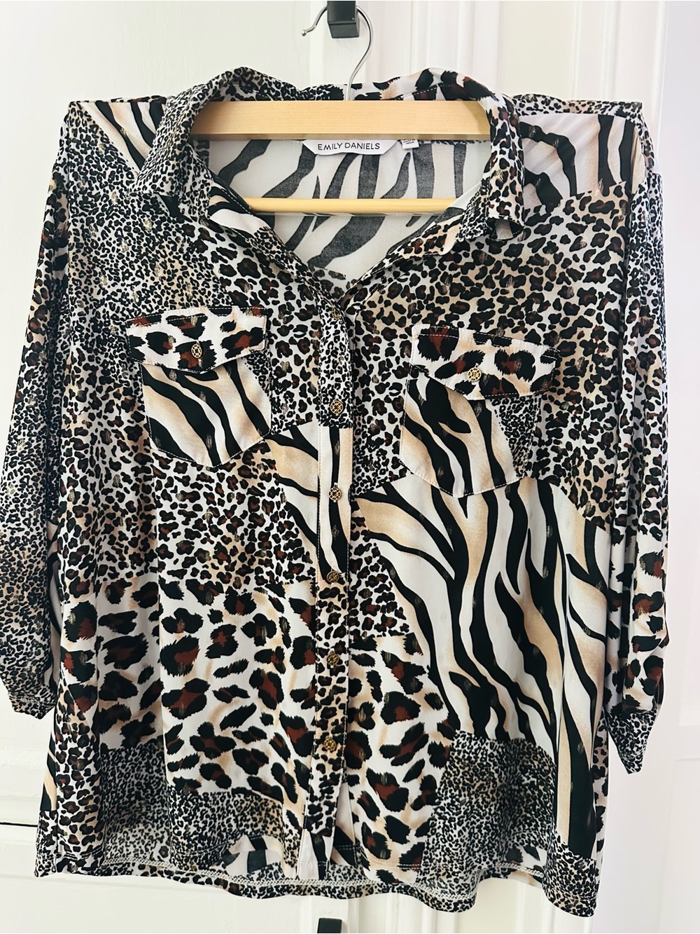 Emily Daniels Mixed Animal Print Button-Down Shirt in Mixed Brown Size XL